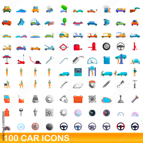 100 car icons set. Cartoon illustration of 100 car icons vector set isolated on white background