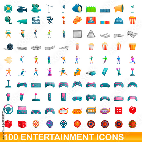 100 entertainment icons set. Cartoon illustration of 100 entertainment icons vector set isolated on white background