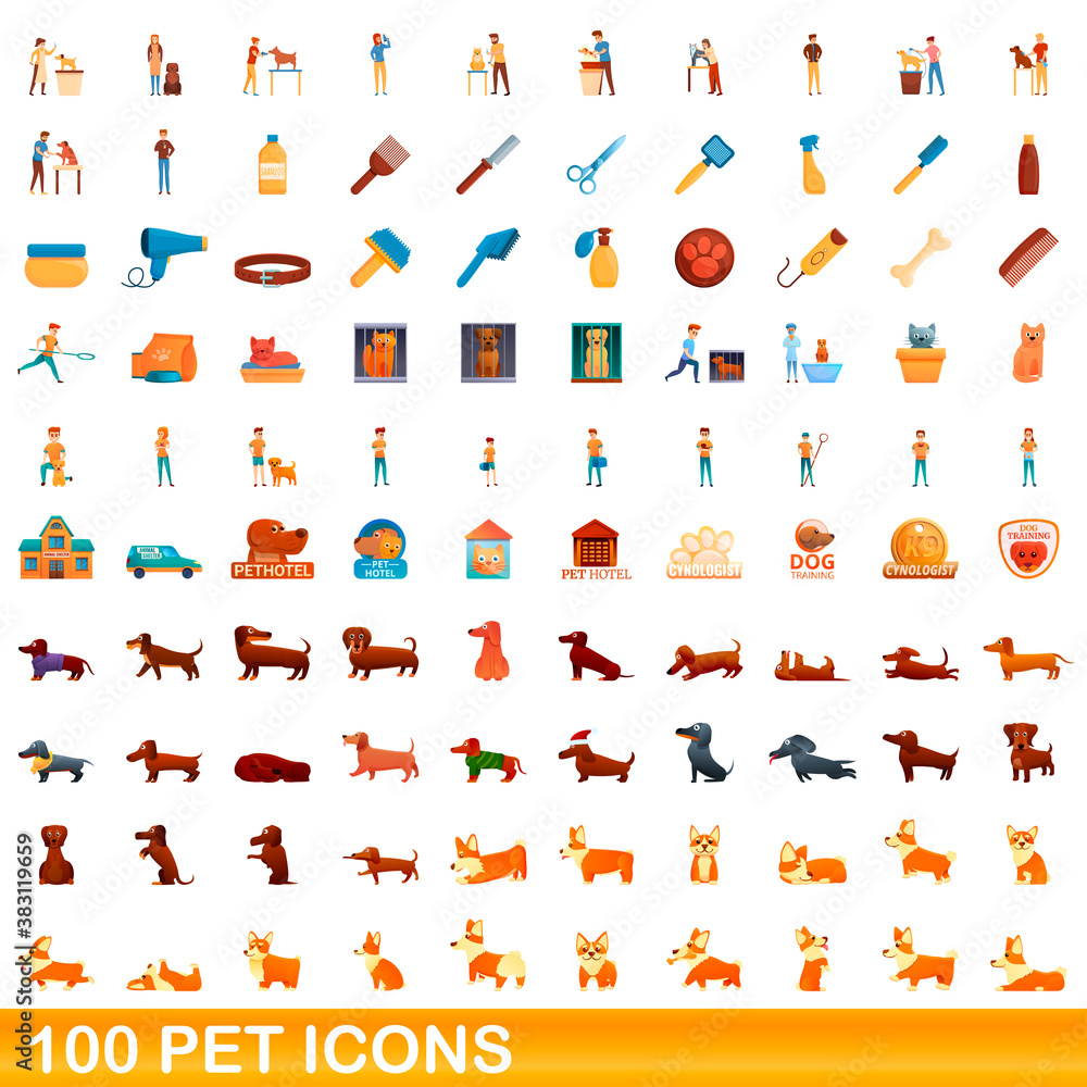 100 pet icons set. Cartoon illustration of 100 pet icons vector set isolated on white background 100 pet icons set. Cartoon illustration of 100 pet icons vector set isolated on white background