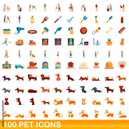 100 pet icons set. Cartoon illustration of 100 pet icons vector set isolated on white background