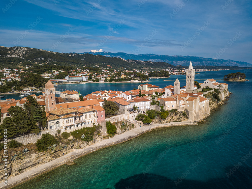 Aerial view of old town Rab, Croatia, Adriatic sea. Old town surrounded by Adriatic sea.