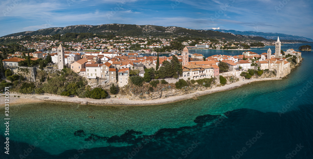Aerial panorama picture of Rab city on the Rab Island, Croatia. Scenic view of Rab city surrounded by sea.
