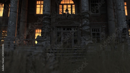 Entrance to an old abandoned mansion with glowing windows. Brick house with occult symbols. Night scene from a horror movie. 3D illustration.