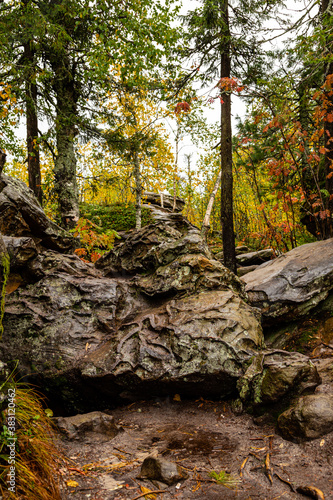 stone city in the woods moss-grown nature of Russi. Usva  Ural.