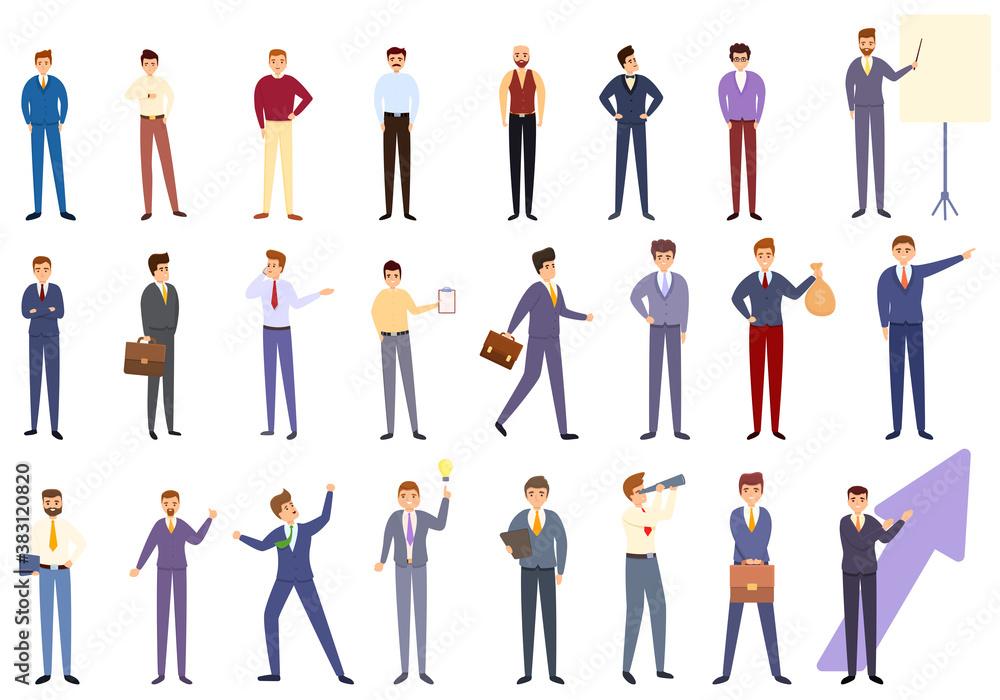 Successful businessman icons set. Cartoon set of successful businessman vector icons for web design