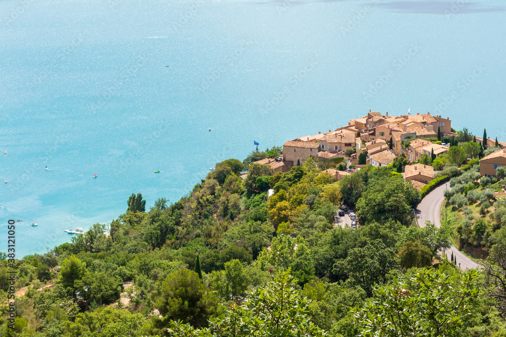 Lac de Sainte-Croix and a view over the village of Sainte-Croix-du-Verdon in Provence, France.
