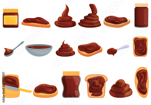 Chocolate paste icons set. Cartoon set of chocolate paste vector icons for web design