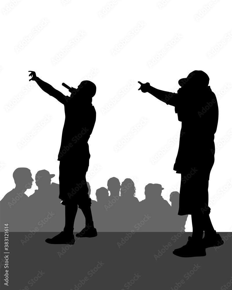 Young man with a microphone reads a rap. Stylized image on theme of hip hop