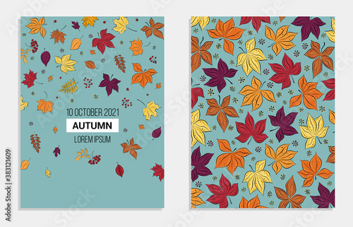 Set of autumn sales and other typography flyer templates with text. Bright autumn leaves, berries and pumpkins. Poster, card, label, banner design set. Vector illustration