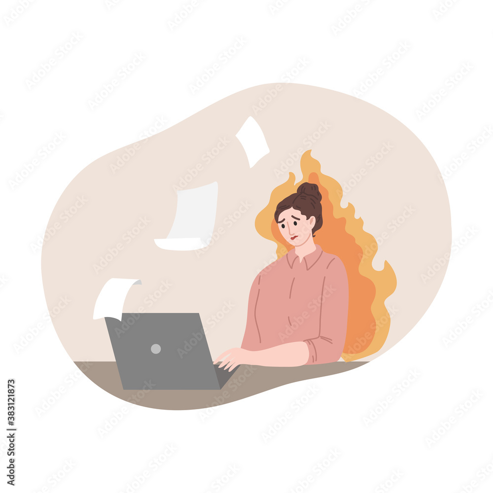 Stressed woman office worker burning over laptop with lack of time in deadline