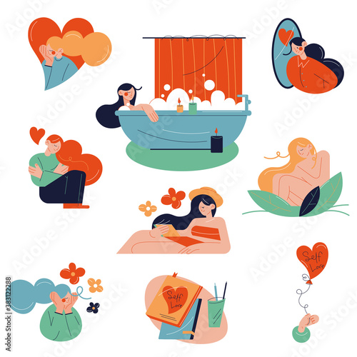 Set of happy women taking care of themselves and expressing self love