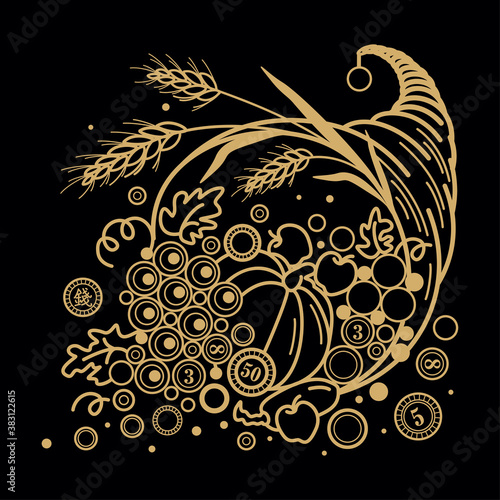 Cornucopia overflowing with coins, leafs of oak, berries and vegetable. Thanksgiving Day cornucopia symbol of autumn harvest. Ancient symbol of prosperity and material well-being. Vector illustration.