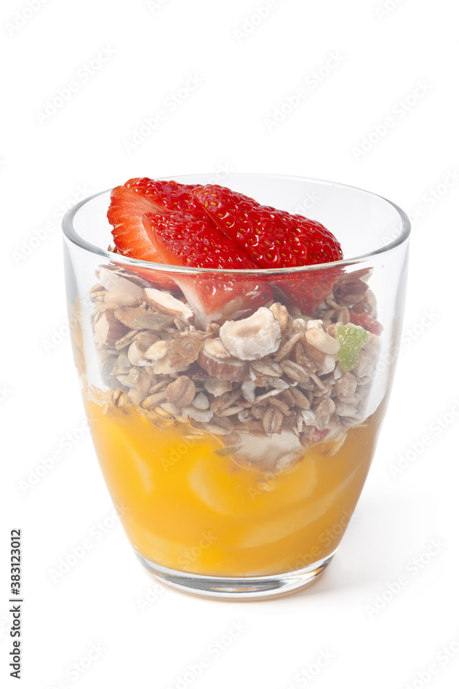 Granola with jam and strawberries isolated on white Granola with jam and strawberries isolated on white