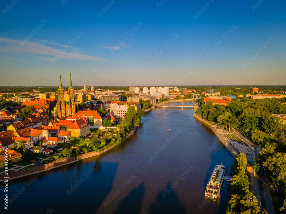 Aerial panoramic view of Wroclaw city old town