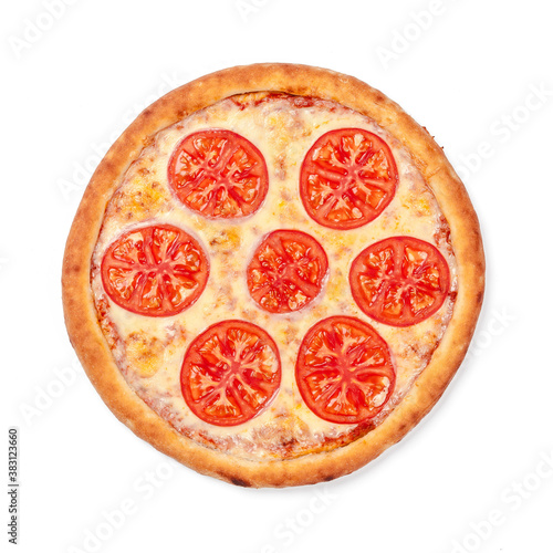 Top view of round pizza isolated on white