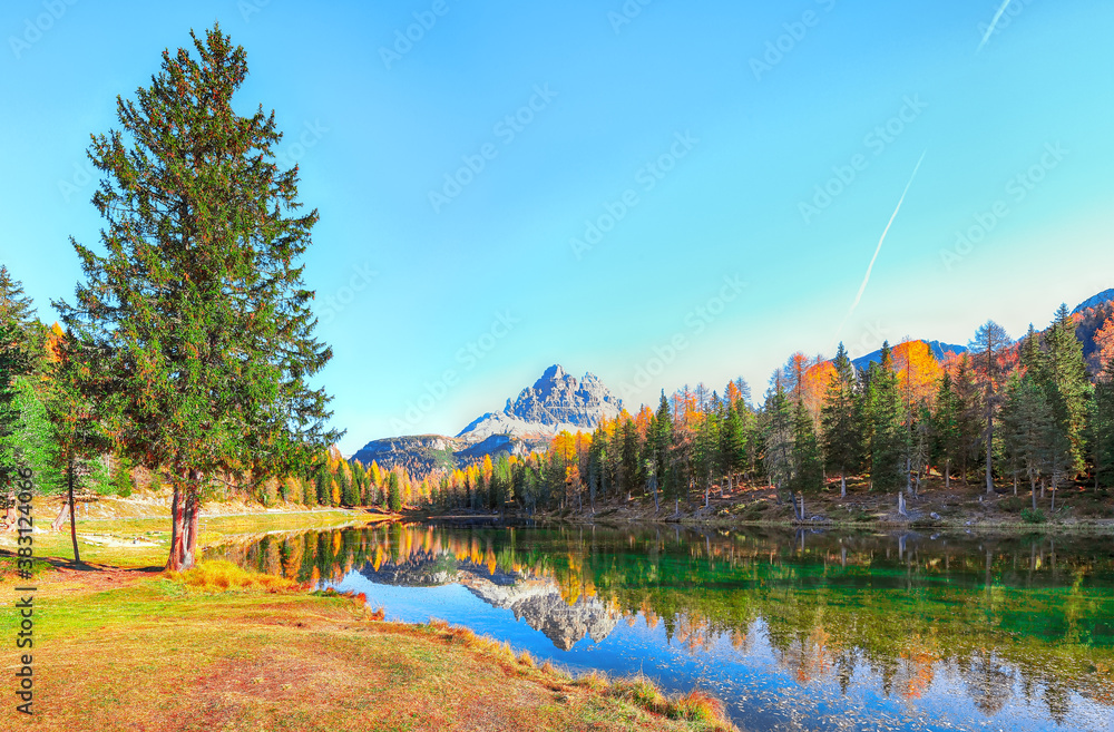 Fototapeta premium Astonishing view of popular travel destination mountain lake Antorno in autumn