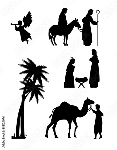 merry christmas and nativity icon collection silhouettes design, winter season and decoration theme Vector illustration
