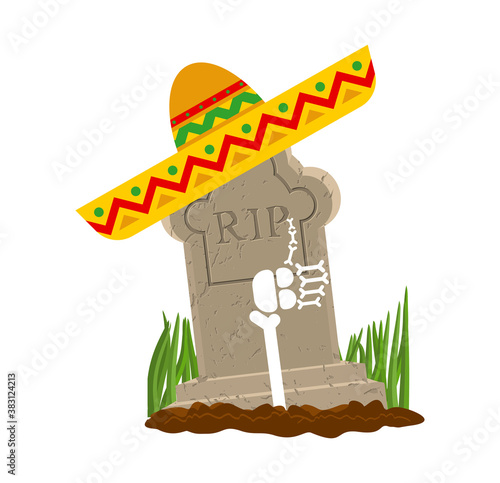 Grave and sombrero Day of dead in mexico sign. Skull in sombrero isolated. tomb and skeleton Dia de los Muertos Mexican holiday symbol rip