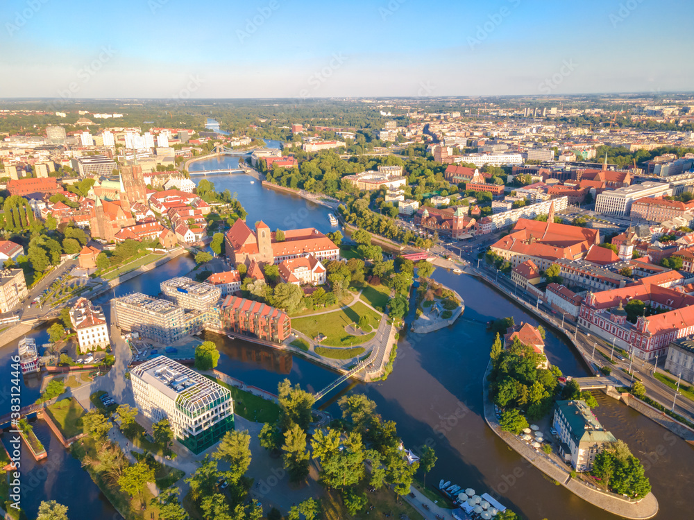 Aerial panoramic view of Wroclaw city old town
