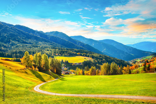 Colorful autumn scene of magnificent Santa Maddalena village in Dolomites