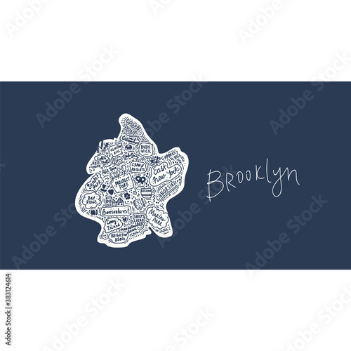 Vector Map of Brooklyn new York USA flat hand-drawn illustration. American attractions States, city, district, name cartoon inscriptions, tourist places clipart. Travel to the USA, travel poster