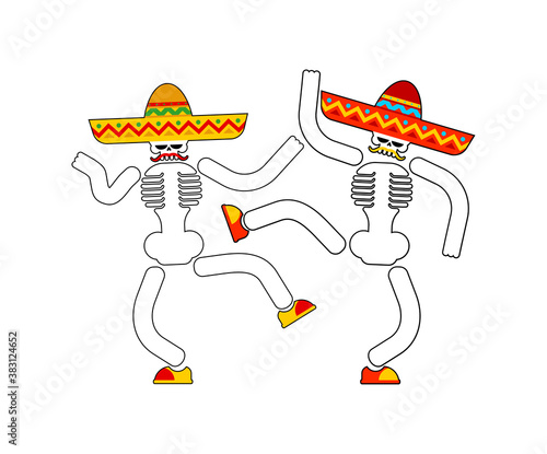 Dancing skeleton. Day of dead in mexico. Skull in sombrero isolated. Dia de los Muertos Mexican holiday sign