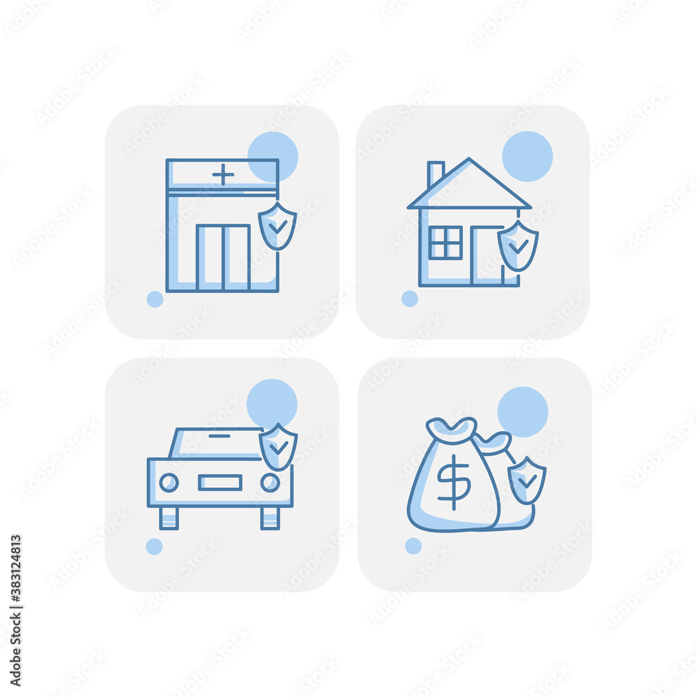 Creative blue insurance icons design vector Creative blue insurance icons design vector