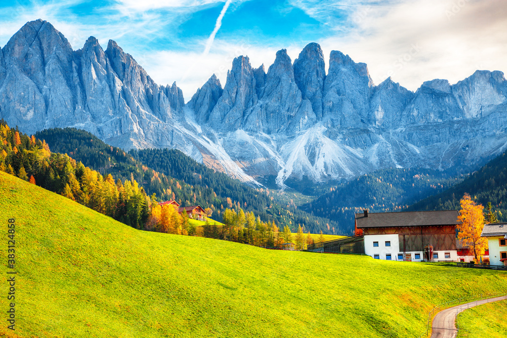 Colorful autumn scene of magnificent  Santa Maddalena village in Dolomites