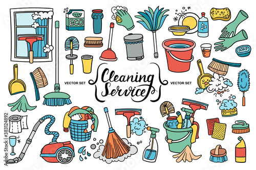 Vector colorful set on the theme of cleaning services, putting things in order, purity. Cartoon doodles for use in design. Hand drawn illustration