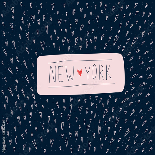 New York lettering in the circle of hearts. Vector illustration of the name of a city in the United States, New York drawn by hand, on a dark background. Vector banner for lovers of New York city in