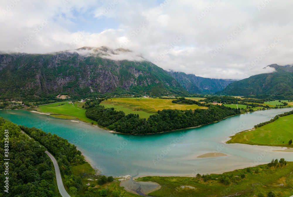Aerial drone view of Rauma river, mountains and Andalsnes city