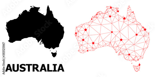Carcass polygonal and solid map of Australia. Vector model is created from map of Australia with red stars. Abstract lines and stars form map of Australia.