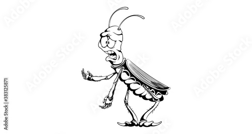 Funny cockroach with an offended face in black and white style