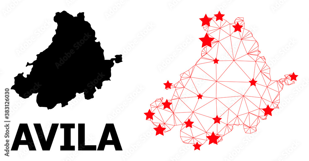 Mesh polygonal and solid map of Avila Province. Vector model is created from map of Avila Province with red stars. Abstract lines and stars are combined into map of Avila Province.
