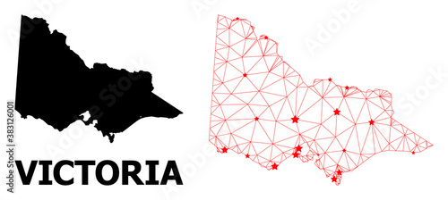 Wire frame polygonal and solid map of Australian Victoria. Vector model is created from map of Australian Victoria with red stars. Abstract lines and stars form map of Australian Victoria.