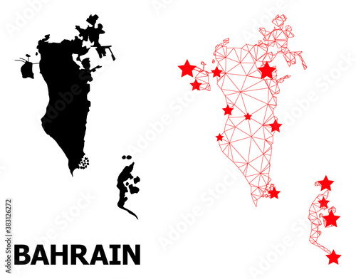 Wire frame polygonal and solid map of Bahrain. Vector structure is created from map of Bahrain with red stars. Abstract lines and stars form map of Bahrain.