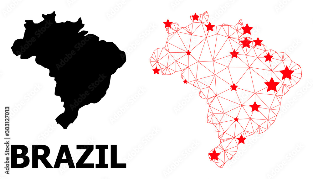 Wire frame polygonal and solid map of Brazil. Vector model is created from map of Brazil with red stars. Abstract lines and stars form map of Brazil.