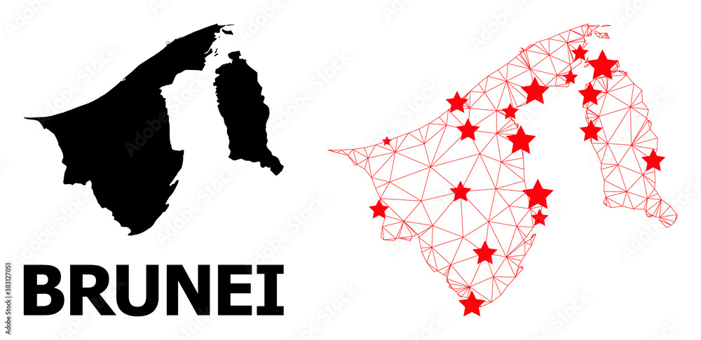 2D polygonal and solid map of Brunei. Vector structure is created from map of Brunei with red stars. Abstract lines and stars are combined into map of Brunei.