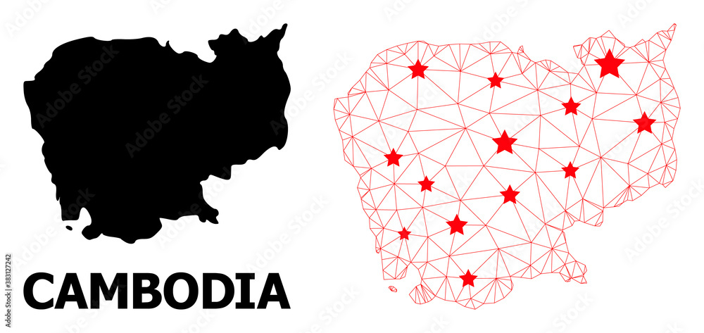 Network polygonal and solid map of Cambodia. Vector structure is created from map of Cambodia with red stars. Abstract lines and stars form map of Cambodia.