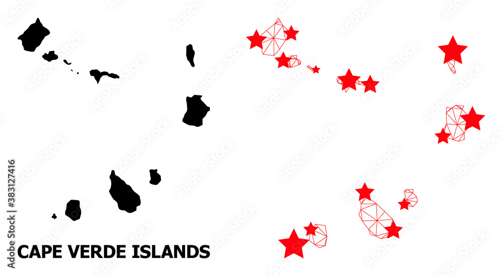 Naklejka premium Network polygonal and solid map of Cape Verde Islands. Vector model is created from map of Cape Verde Islands with red stars. Abstract lines and stars are combined into map of Cape Verde Islands.