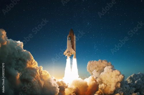 New Ship flies to another planet. Spaceship takes off into the starry sky. Rocket starts into space. Concept