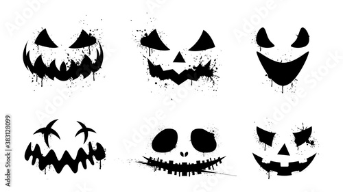 Black scary, funny and horror faces of Halloween pumpkin or ghost.