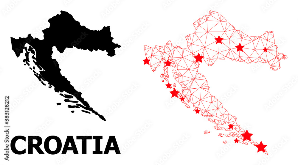 Fototapeta premium Mesh polygonal and solid map of Croatia. Vector model is created from map of Croatia with red stars. Abstract lines and stars are combined into map of Croatia.