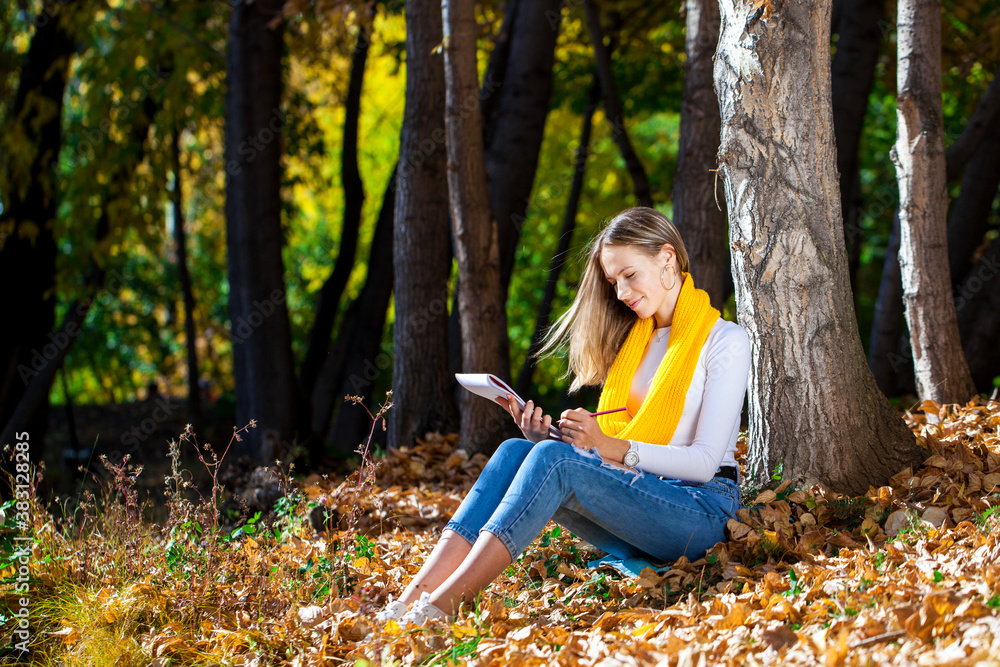 Young girl draws with a pencil in the sketchbook, autumn park outdoor Young girl draws with a pencil in the sketchbook, autumn park outdoor