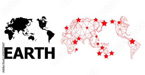 Mesh polygonal and solid map of Earth. Vector model is created from map of Earth with red stars. Abstract lines and stars form map of Earth. Linear frame flat polygonal mesh in vector EPS format.