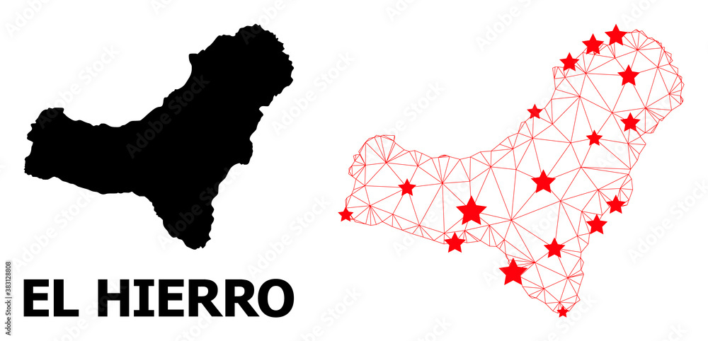 Wire frame polygonal and solid map of El Hierro Island. Vector structure is created from map of El Hierro Island with red stars. Abstract lines and stars form map of El Hierro Island.