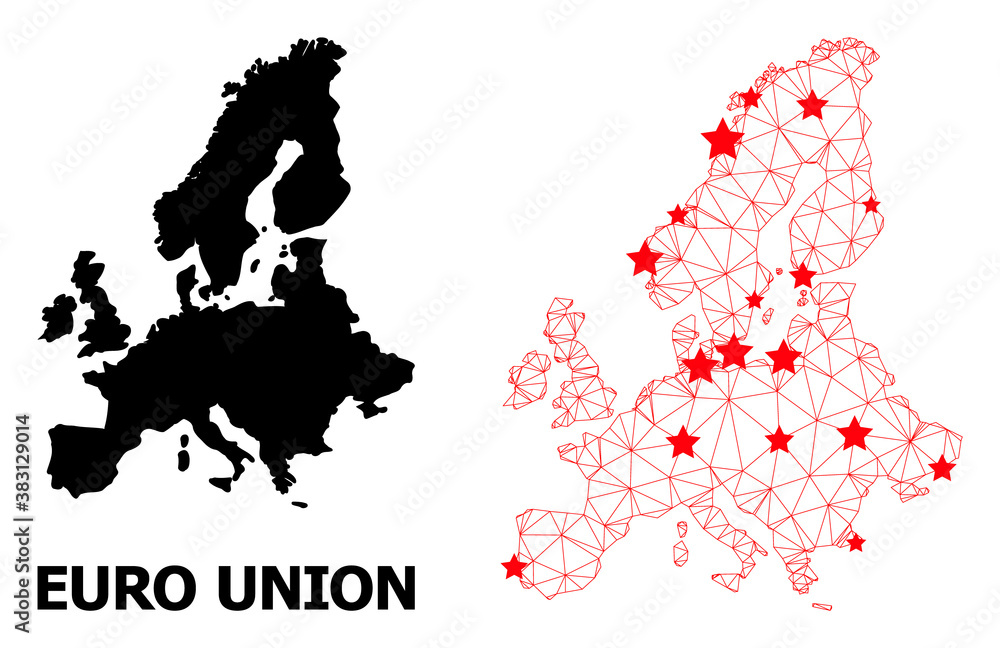 Carcass polygonal and solid map of Euro Union. Vector structure is created from map of Euro Union with red stars. Abstract lines and stars form map of Euro Union.