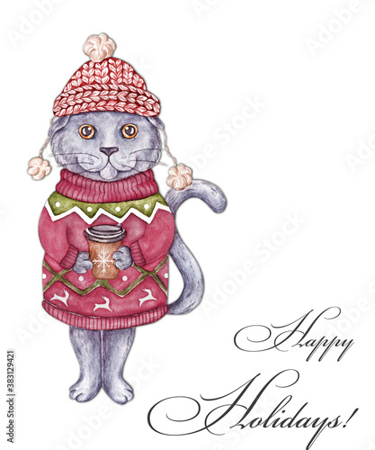 Watercolor cute christmas cat with cup in a christmas sweater. Happy holidays card