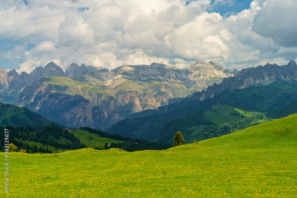 Fototapeta premium Mountain landscape along the road to Sella pass, Dolomites