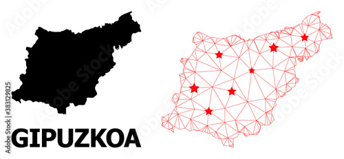 Mesh polygonal and solid map of Gipuzkoa Province. Vector model is created from map of Gipuzkoa Province with red stars. Abstract lines and stars are combined into map of Gipuzkoa Province. photo